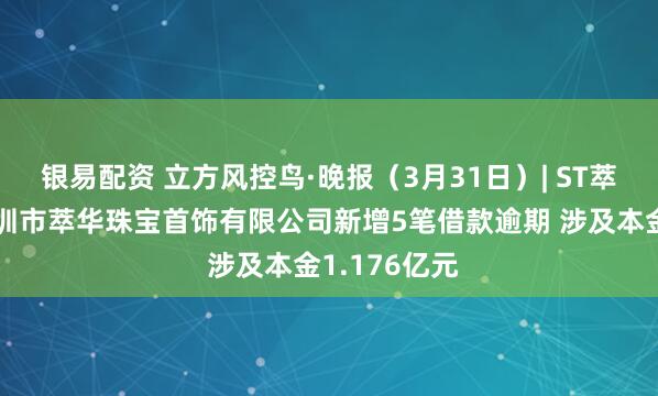 银易配资 立方风控鸟·晚报(3月31日)| ST萃华子公司深圳市萃华珠宝首饰有限公司新增5笔借款逾期 涉及本金1.176亿元